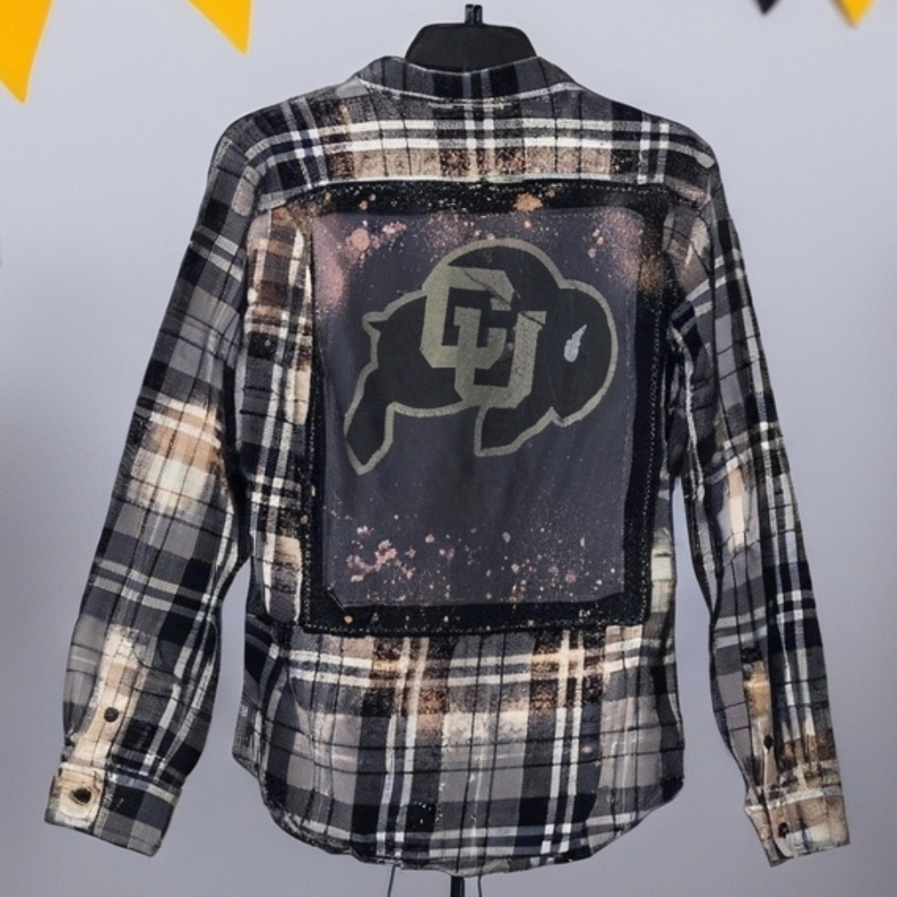 Upcycled COLORADO UNIVERSITY CU BUFFS distressed Plaid Flannel Shirt